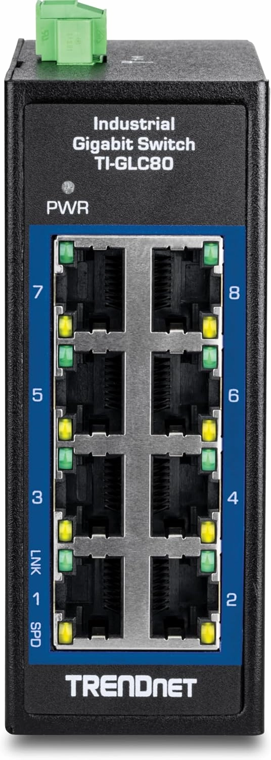 TRENDnet 8-Port Industrial Gigabit DIN-Rail Mini Switch, TI-GLC80, 8 x Gigabit Ports, Extreme Temperature IP30 Rated, 16Gbps Switch Capacity, Black