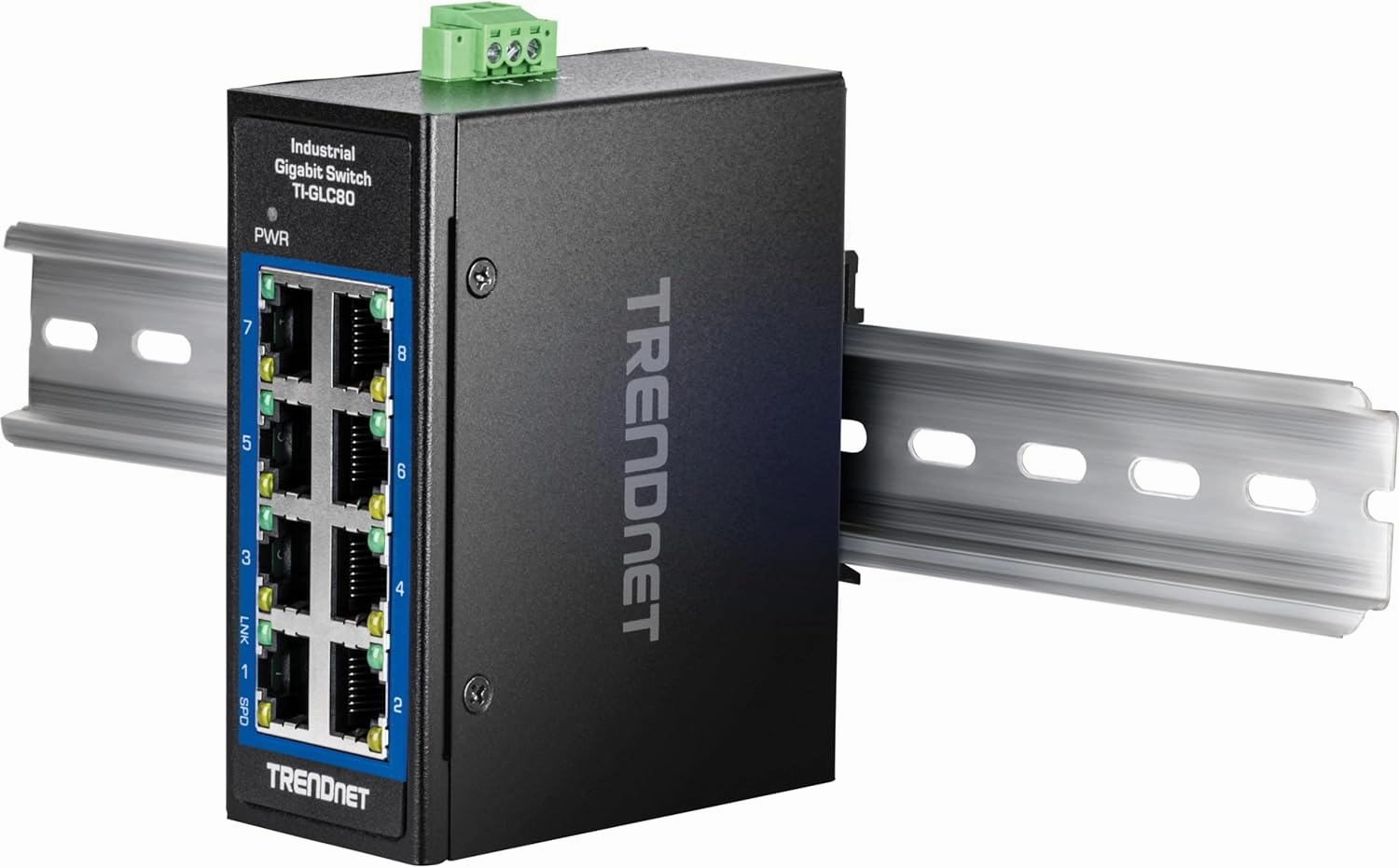 TRENDnet 8-Port Industrial Gigabit DIN-Rail Mini Switch, TI-GLC80, 8 x Gigabit Ports, Extreme Temperature IP30 Rated, 16Gbps Switch Capacity, Black