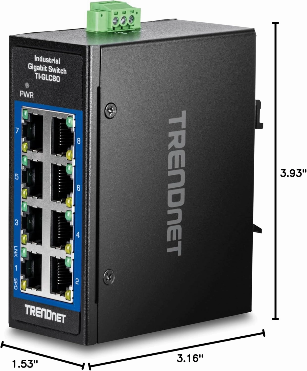 TRENDnet 8-Port Industrial Gigabit DIN-Rail Mini Switch, TI-GLC80, 8 x Gigabit Ports, Extreme Temperature IP30 Rated, 16Gbps Switch Capacity, Black
