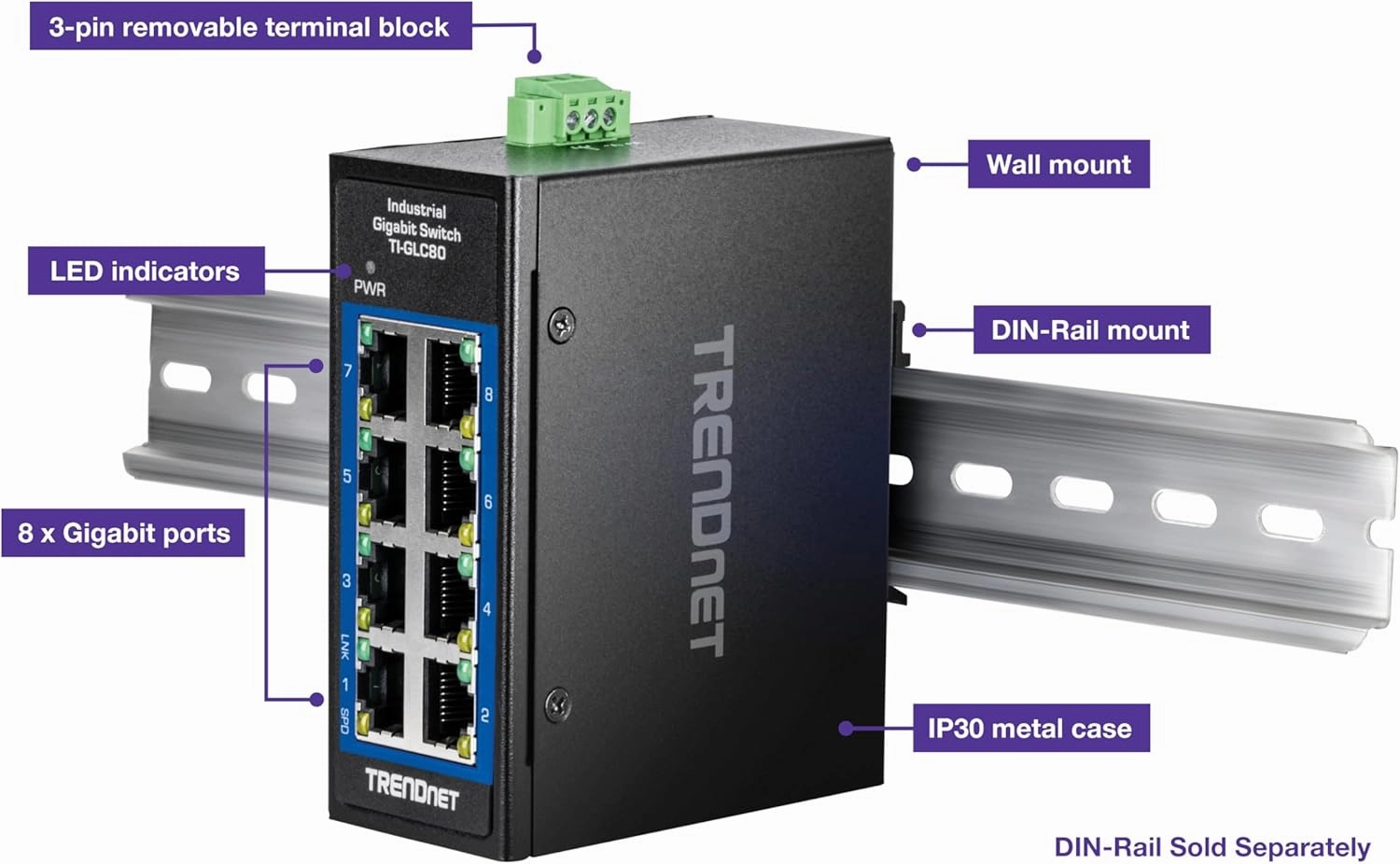TRENDnet 8-Port Industrial Gigabit DIN-Rail Mini Switch, TI-GLC80, 8 x Gigabit Ports, Extreme Temperature IP30 Rated, 16Gbps Switch Capacity, Black