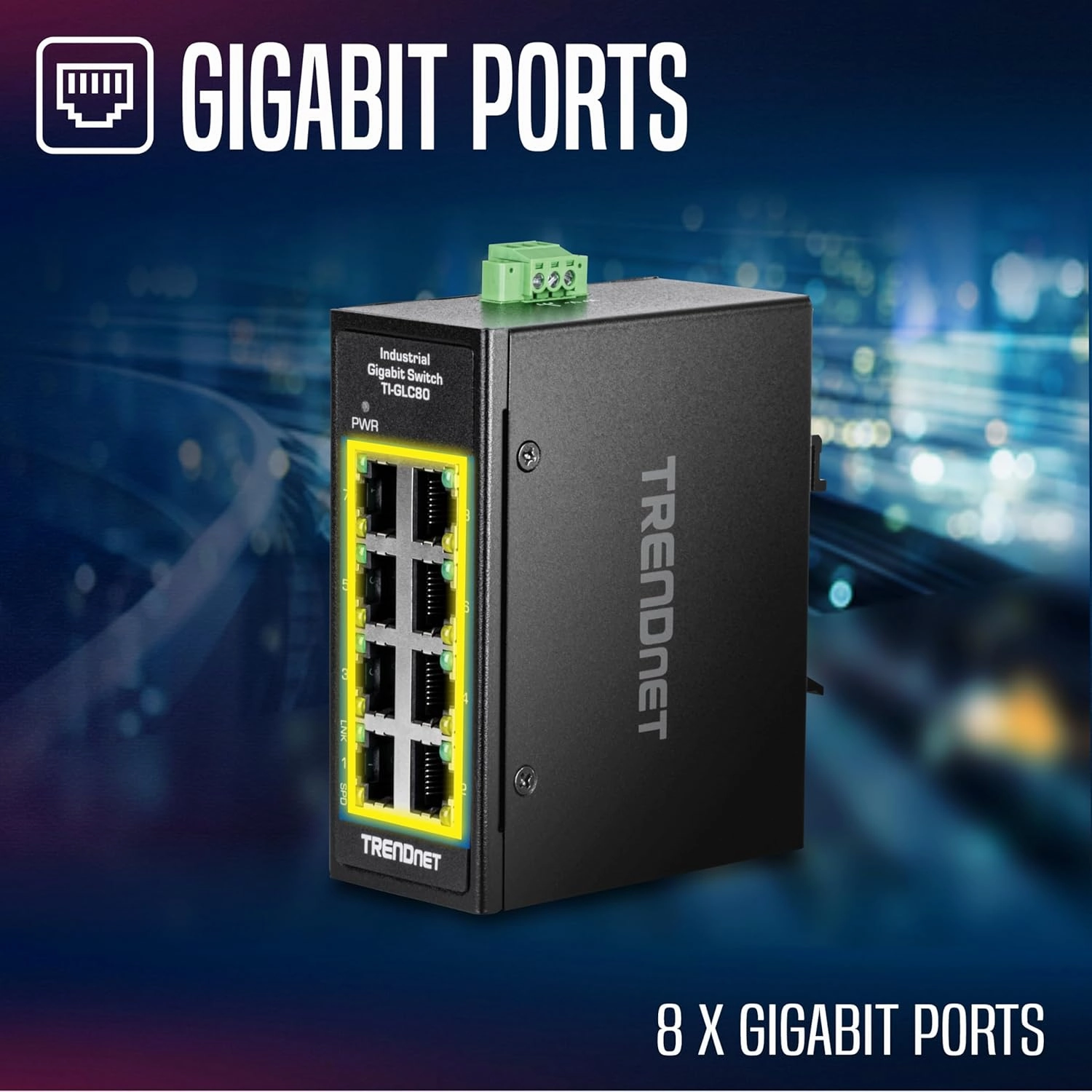 TRENDnet 8-Port Industrial Gigabit DIN-Rail Mini Switch, TI-GLC80, 8 x Gigabit Ports, Extreme Temperature IP30 Rated, 16Gbps Switch Capacity, Black