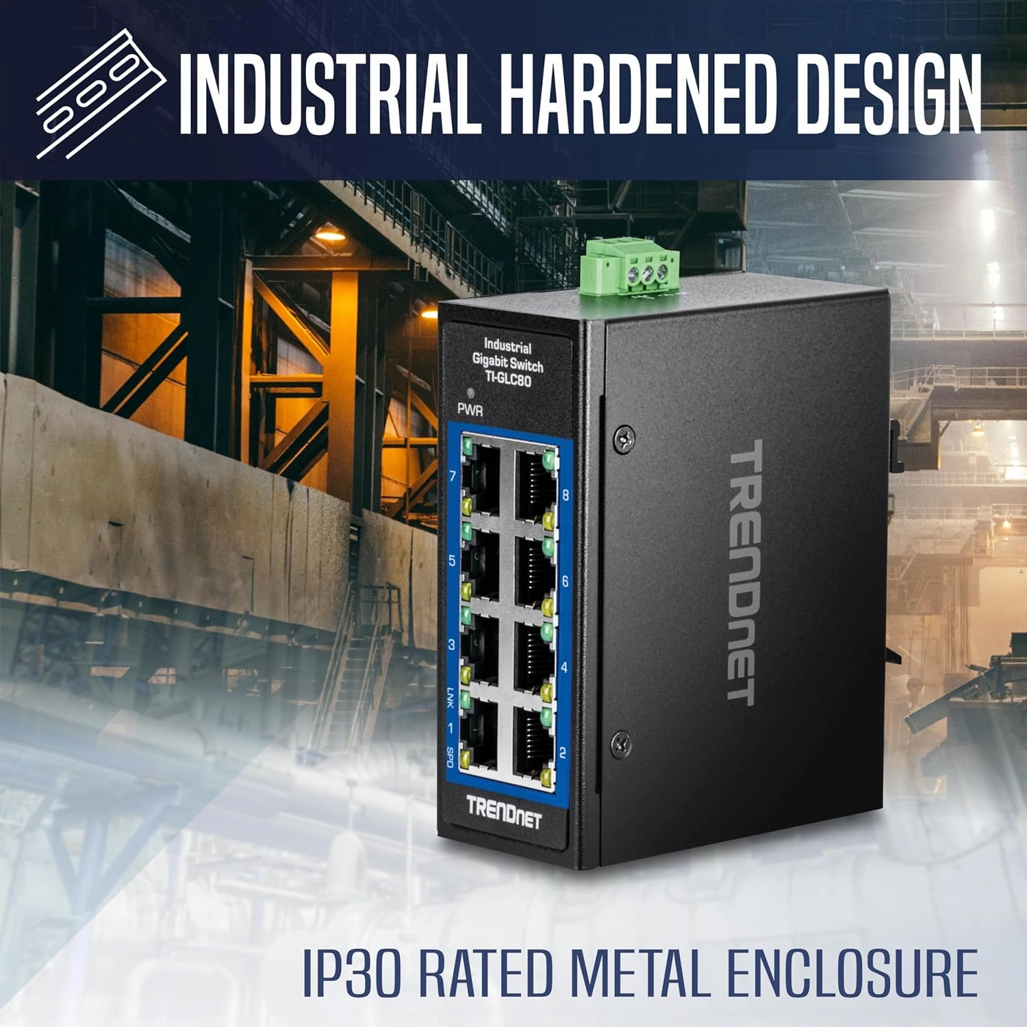 TRENDnet 8-Port Industrial Gigabit DIN-Rail Mini Switch, TI-GLC80, 8 x Gigabit Ports, Extreme Temperature IP30 Rated, 16Gbps Switch Capacity, Black