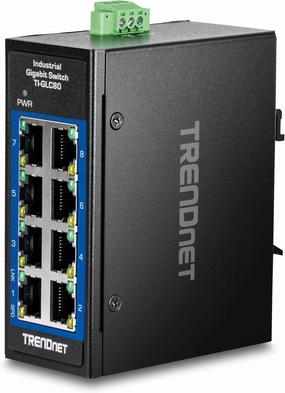 TRENDnet 8-Port Industrial Gigabit DIN-Rail Mini Switch, TI-GLC80, 8 x Gigabit Ports, Extreme Temperature IP30 Rated, 16Gbps Switch Capacity, Black