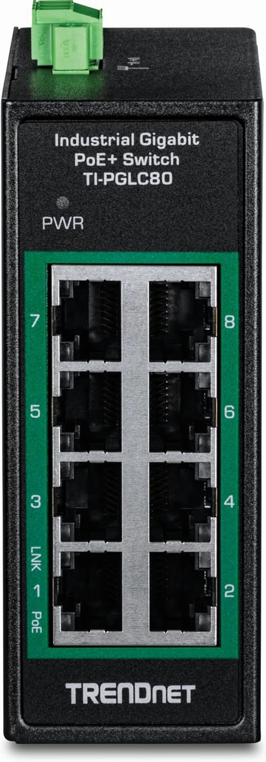 TRENDnet 8-Port Industrial Gigabit PoE  DIN-Rail Mini Switch, TI-PGLC80, 8 x Gigabit PoE  Ports, 200W PoE  Power Budget, 16Gbps Switching Capacity, NDAA & TAA Compliant