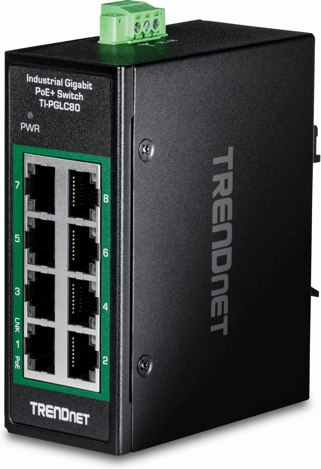TRENDnet 8-Port Industrial Gigabit PoE  DIN-Rail Mini Switch, TI-PGLC80, 8 x Gigabit PoE  Ports, 200W PoE  Power Budget, 16Gbps Switching Capacity, NDAA & TAA Compliant