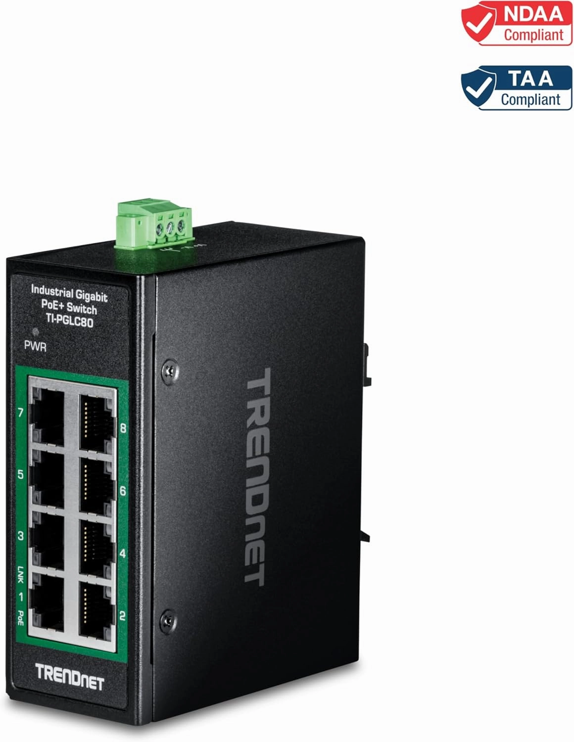 TRENDnet 8-Port Industrial Gigabit PoE  DIN-Rail Mini Switch, TI-PGLC80, 8 x Gigabit PoE  Ports, 200W PoE  Power Budget, 16Gbps Switching Capacity, NDAA & TAA Compliant