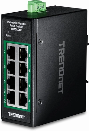 TRENDnet 8-Port Industrial Gigabit PoE  DIN-Rail Mini Switch, TI-PGLC80, 8 x Gigabit PoE  Ports, 200W PoE  Power Budget, 16Gbps Switching Capacity, NDAA & TAA Compliant