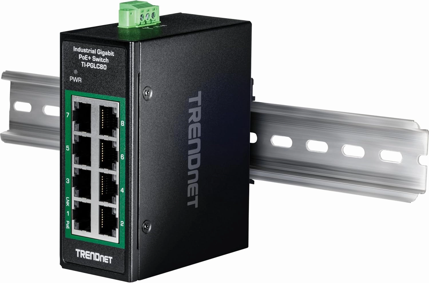 TRENDnet 8-Port Industrial Gigabit PoE  DIN-Rail Mini Switch, TI-PGLC80, 8 x Gigabit PoE  Ports, 200W PoE  Power Budget, 16Gbps Switching Capacity, NDAA & TAA Compliant