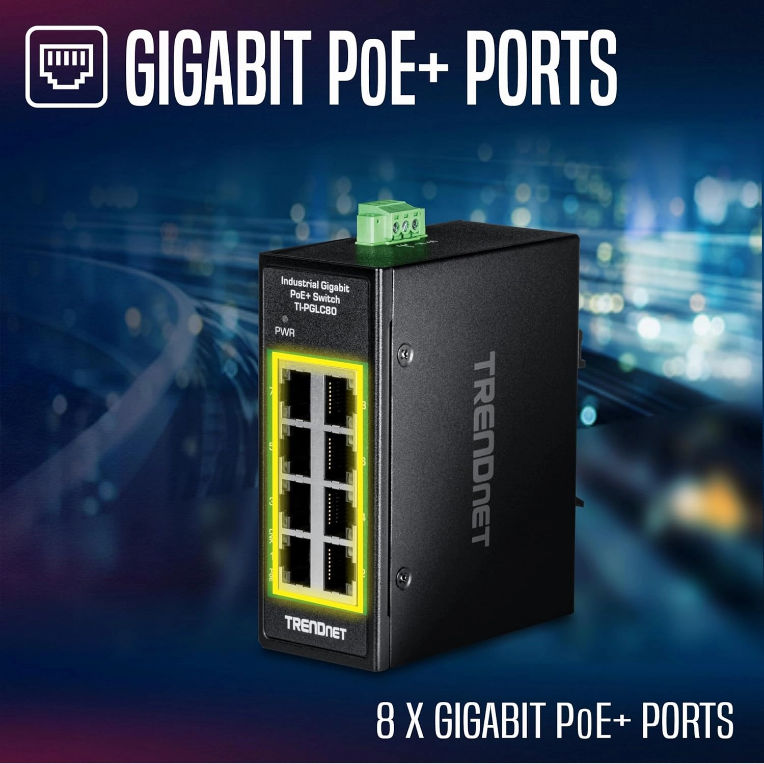 TRENDnet 8-Port Industrial Gigabit PoE  DIN-Rail Mini Switch, TI-PGLC80, 8 x Gigabit PoE  Ports, 200W PoE  Power Budget, 16Gbps Switching Capacity, NDAA & TAA Compliant