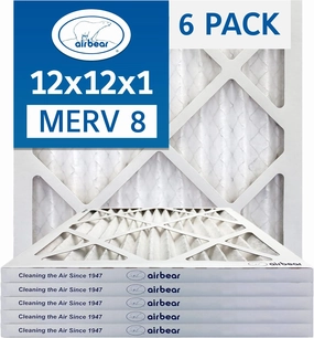 TRION Air Bear 12x12x1 Air Filter MERV 8 (6-Pack), Pleated HVAC Air Filters Replacement (Actual Size: 11.50 x 11.50 x 0.75 Inches)