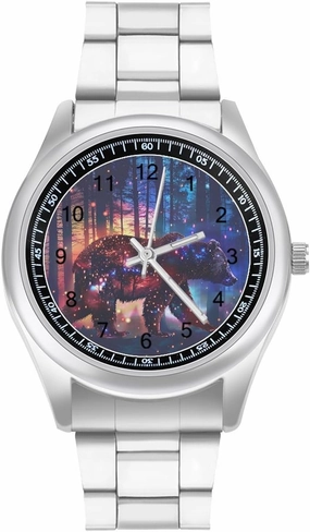 Trippy Spirit Bear Watches Stainless Steel Band Wristwatch Business Dress Watch for Work Home