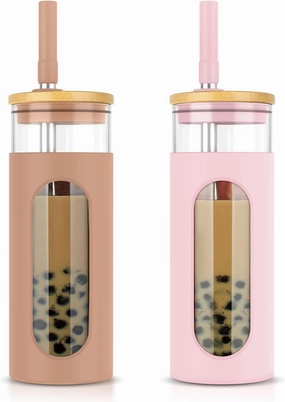Tronco 22 oz Glass Tumbler with Lid & Straw, Iced Coffee Cup & Smoothie Cup| BPA-Free, Spill Proof, Reusable Glass Cups with Bamboo Lids and Silicone Sleeve, Dishwasher Safe（Amber/Pink 2 Count