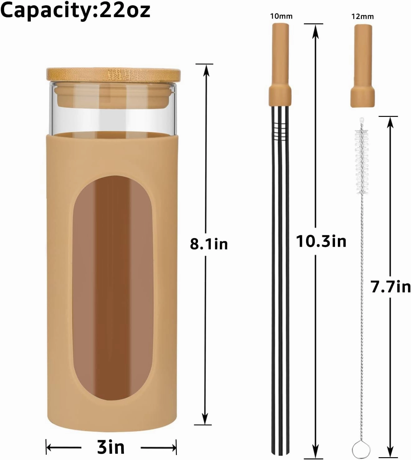 Tronco 22 oz Glass Tumbler with Lid & Straw, Iced Coffee Cup & Smoothie Cup| BPA-Free, Spill Proof, Reusable Glass Cups with Bamboo Lids and Silicone Sleeve, Dishwasher Safe（Amber/Pink 2 Count