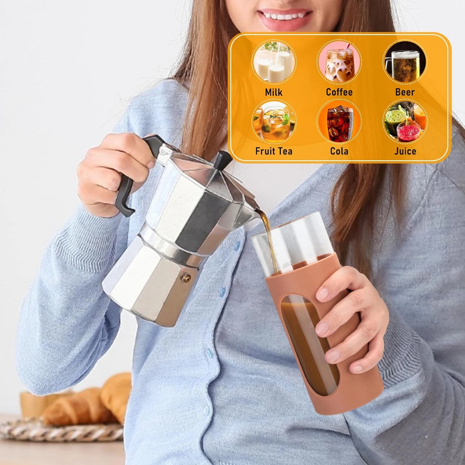 Tronco 22 oz Glass Tumbler with Lid & Straw, Iced Coffee Cup & Smoothie Cup| BPA-Free, Spill Proof, Reusable Glass Cups with Bamboo Lids and Silicone Sleeve, Dishwasher Safe（Amber/Pink 2 Count