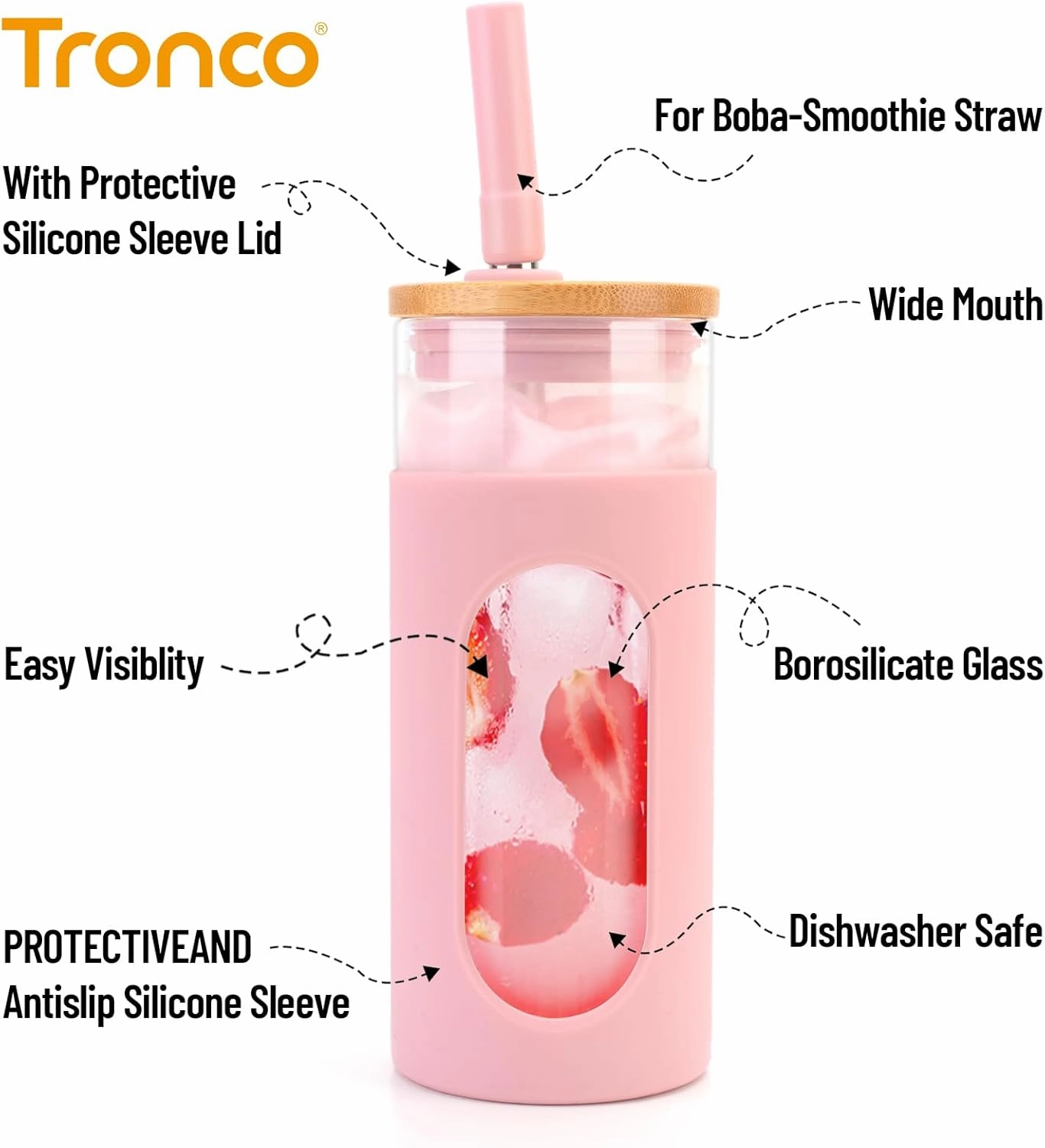 Tronco 22 oz Glass Tumbler with Lid & Straw, Iced Coffee Cup & Smoothie Cup| BPA-Free, Spill Proof, Reusable Glass Cups with Bamboo Lids and Silicone Sleeve, Dishwasher Safe（Amber/Pink 2 Count