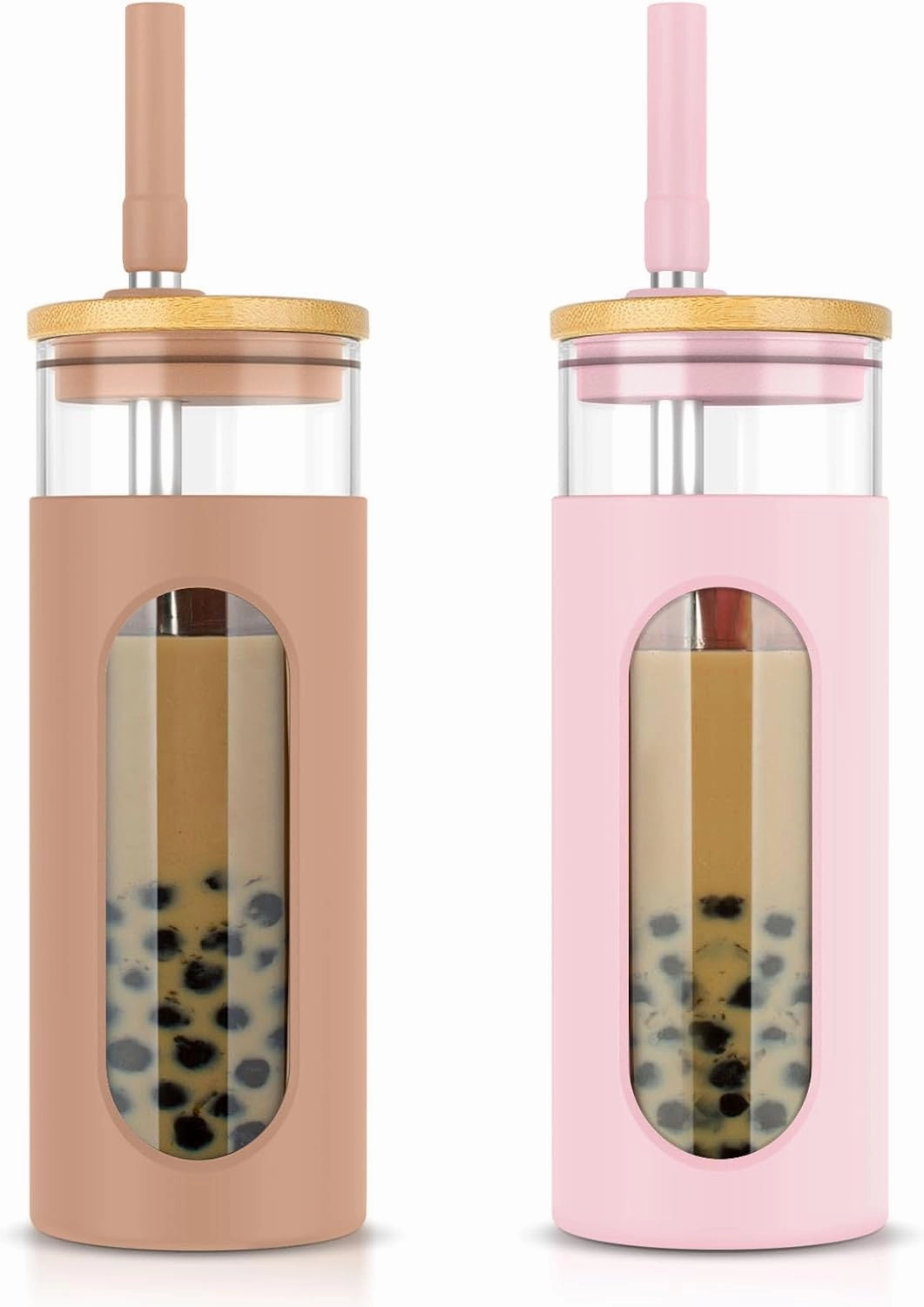 Tronco 22 oz Glass Tumbler with Lid & Straw, Iced Coffee Cup & Smoothie Cup| BPA-Free, Spill Proof, Reusable Glass Cups with Bamboo Lids and Silicone Sleeve, Dishwasher Safe（Amber/Pink 2 Count
