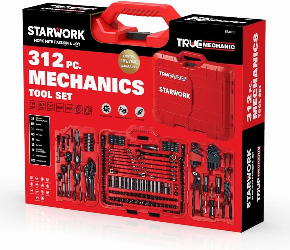 TRUE MECHANIC 312-Piece Mechanics Tool Set and Socket Set, Professional, SAE/Metric