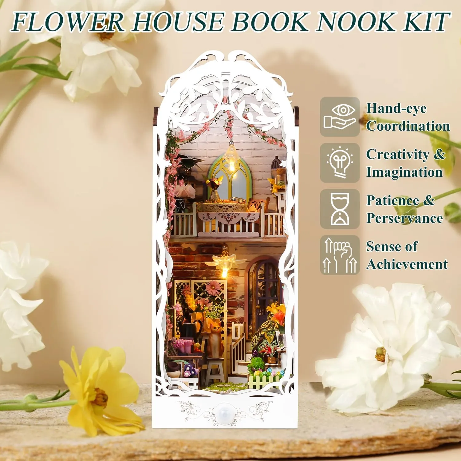 TuKIIE DIY Book Nook Miniature Kit, Booknook Dollhouse Bookshelf Insert with Sensor Light & Dust Proof, Wooden Decorative Bookend Stand Model Kits for Kids Teens Adults(Flower House)