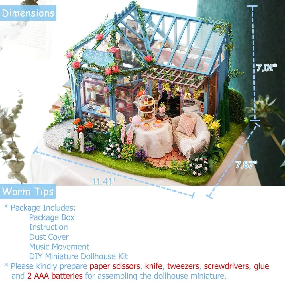 TuKIIE DIY Miniature Dollhouse Furniture Kit, 1:24 Scale Creative Room Wooden Doll House Accessories Plus Dust Proof & Music Movement for Kids Teens Adults(Rose Garden Tea House)