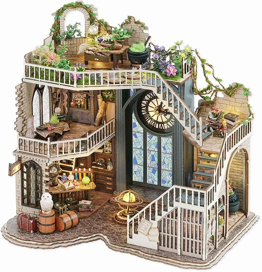 TuKIIE DIY Miniature Dollhouse Furniture Kit, Vintage Inspired 1:24 Scale Creative Room Wooden Doll House Accessories Plus Dust Proof for Kids Teens Adults(Magic House)
