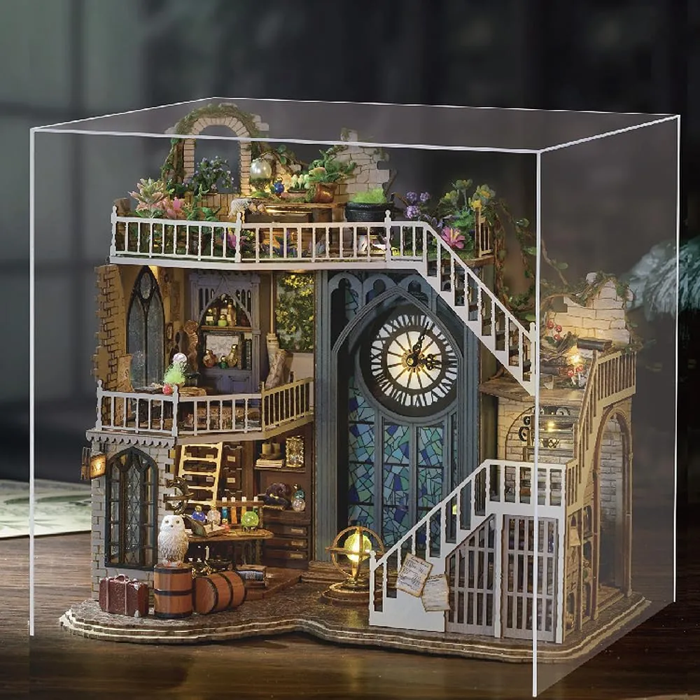 TuKIIE DIY Miniature Dollhouse Furniture Kit, Vintage Inspired 1:24 Scale Creative Room Wooden Doll House Accessories Plus Dust Proof for Kids Teens Adults(Magic House)