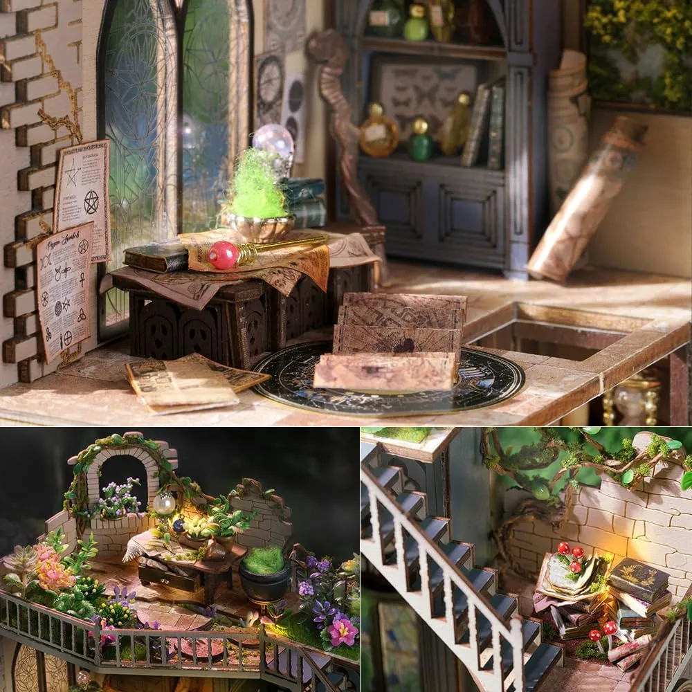 TuKIIE DIY Miniature Dollhouse Furniture Kit, Vintage Inspired 1:24 Scale Creative Room Wooden Doll House Accessories Plus Dust Proof for Kids Teens Adults(Magic House)
