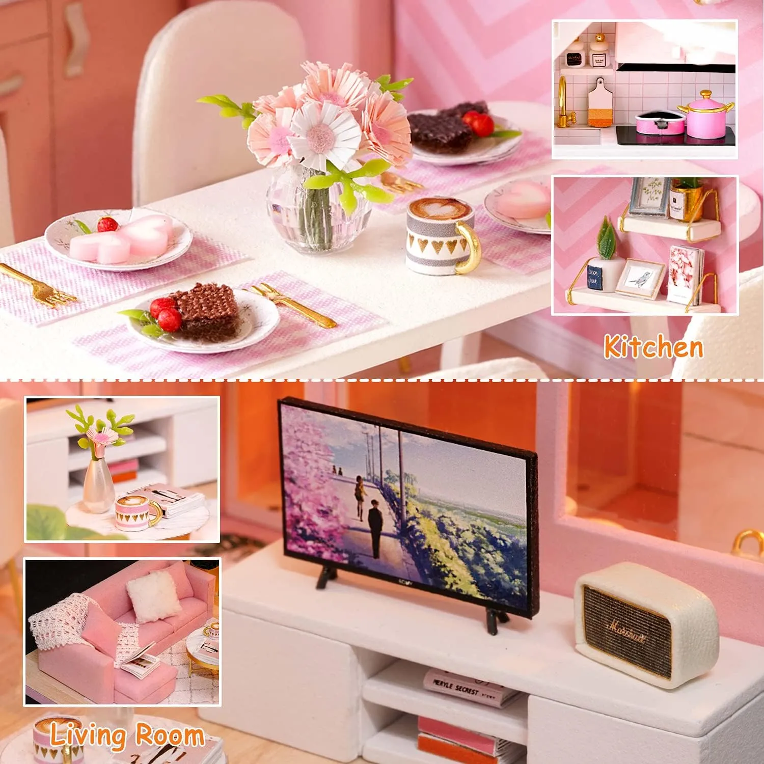 TuKIIE DIY Miniature Dollhouse Kit with Furniture, 1:24 Scale Creative Room Mini Wooden Doll House Accessories Plus Dust Proof & Music Movement for Kids Teens Adults(Dream Angels)