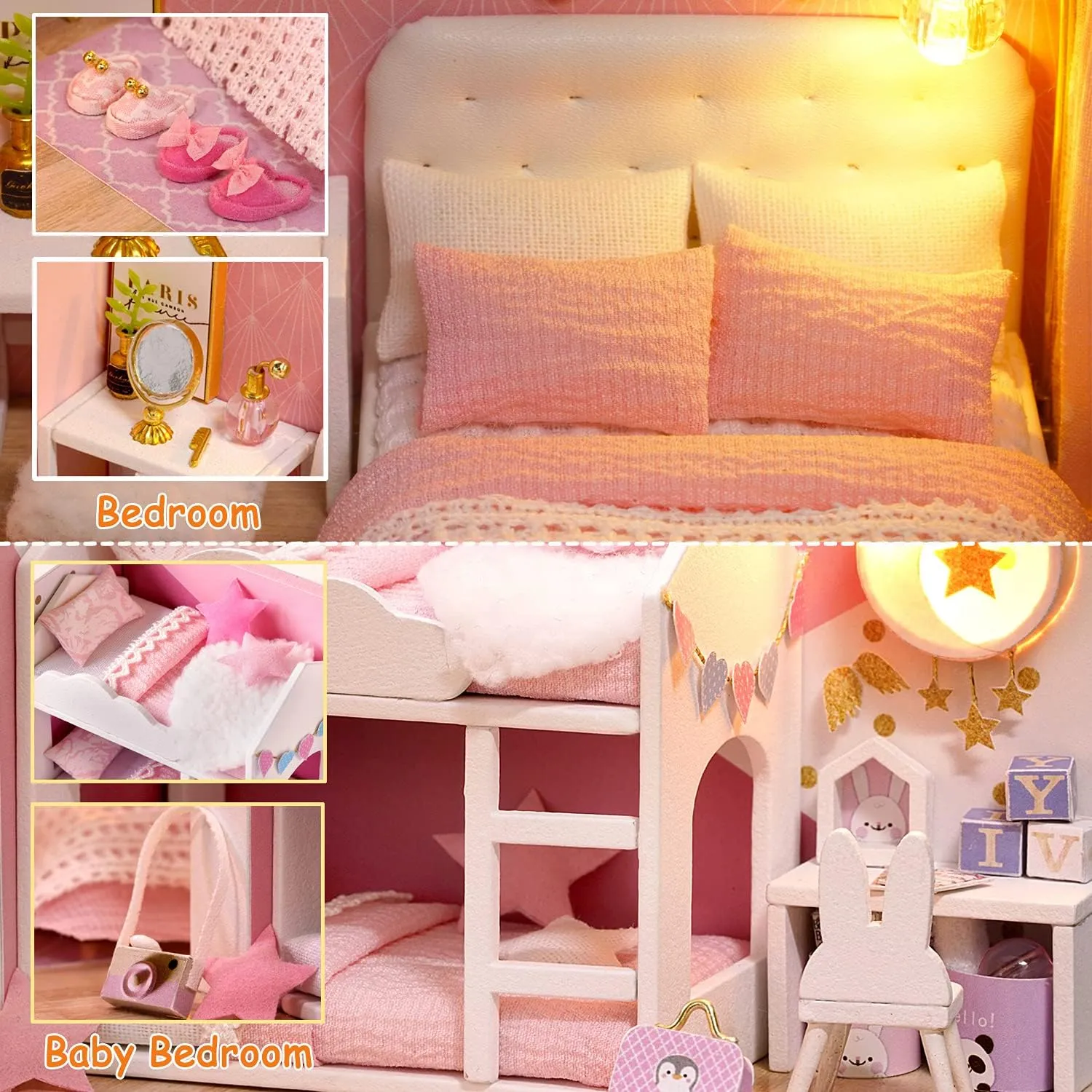 TuKIIE DIY Miniature Dollhouse Kit with Furniture, 1:24 Scale Creative Room Mini Wooden Doll House Accessories Plus Dust Proof & Music Movement for Kids Teens Adults(Dream Angels)