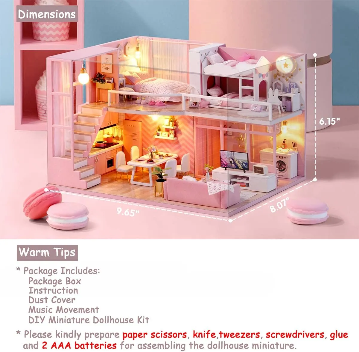 TuKIIE DIY Miniature Dollhouse Kit with Furniture, 1:24 Scale Creative Room Mini Wooden Doll House Accessories Plus Dust Proof & Music Movement for Kids Teens Adults(Dream Angels)