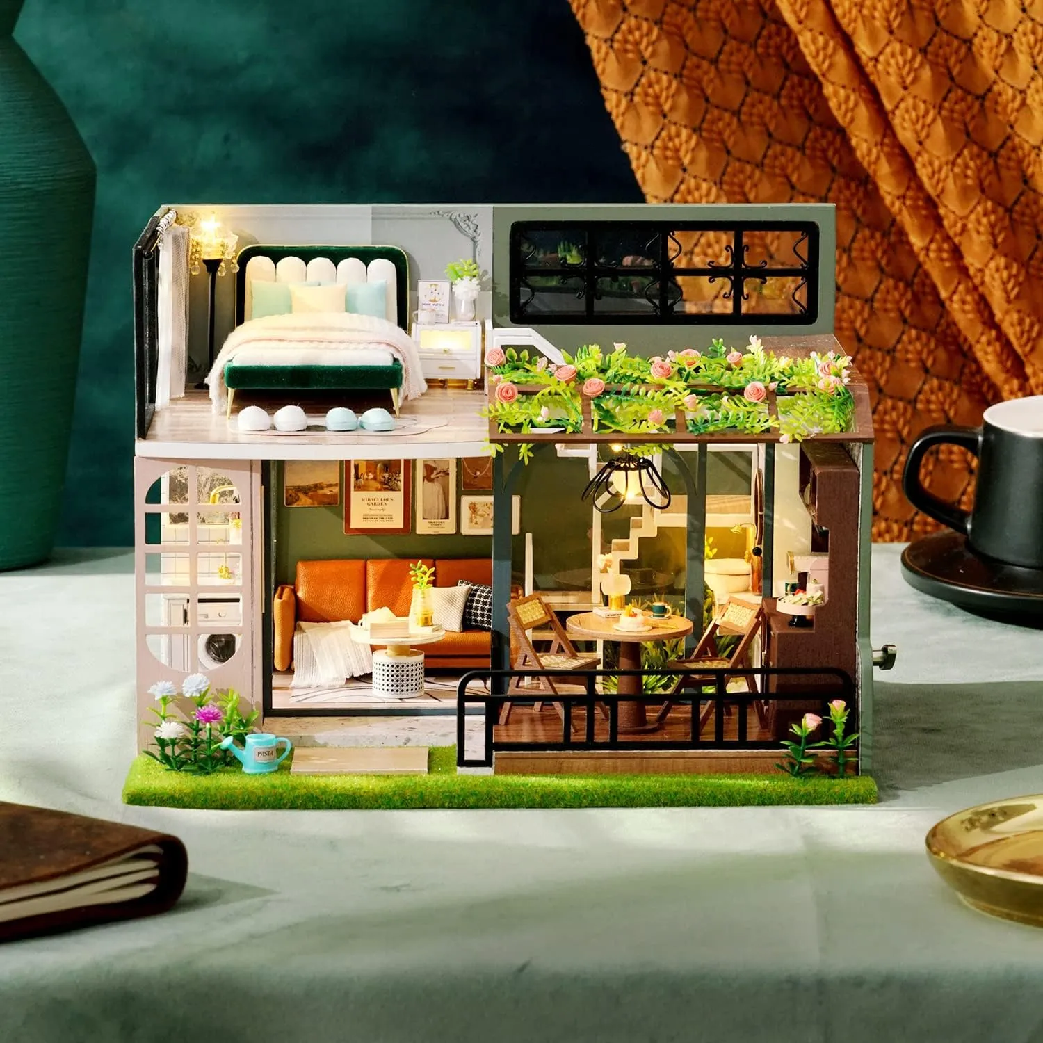 TuKIIE DIY Miniature Dollhouse Kit with Furniture, 1:24 Scale Creative Room Mini Wooden Doll House Accessories Plus Dust Proof & Music Movement for Kids Teens Adults(Half of The Garden)