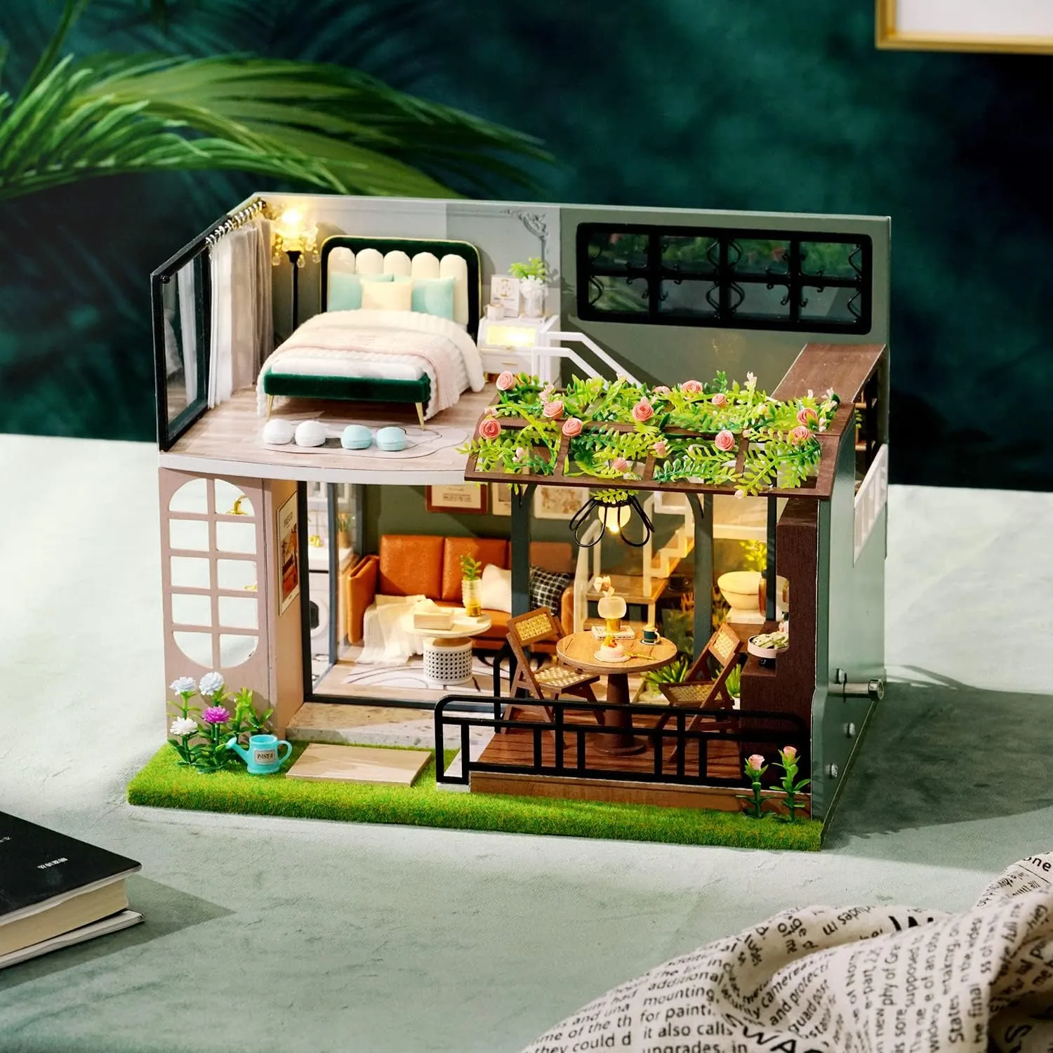 TuKIIE DIY Miniature Dollhouse Kit with Furniture, 1:24 Scale Creative Room Mini Wooden Doll House Accessories Plus Dust Proof & Music Movement for Kids Teens Adults(Half of The Garden)