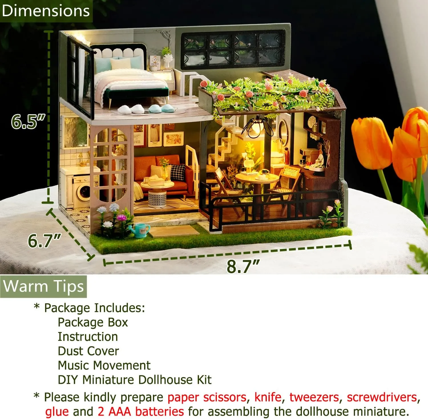 TuKIIE DIY Miniature Dollhouse Kit with Furniture, 1:24 Scale Creative Room Mini Wooden Doll House Accessories Plus Dust Proof & Music Movement for Kids Teens Adults(Half of The Garden)