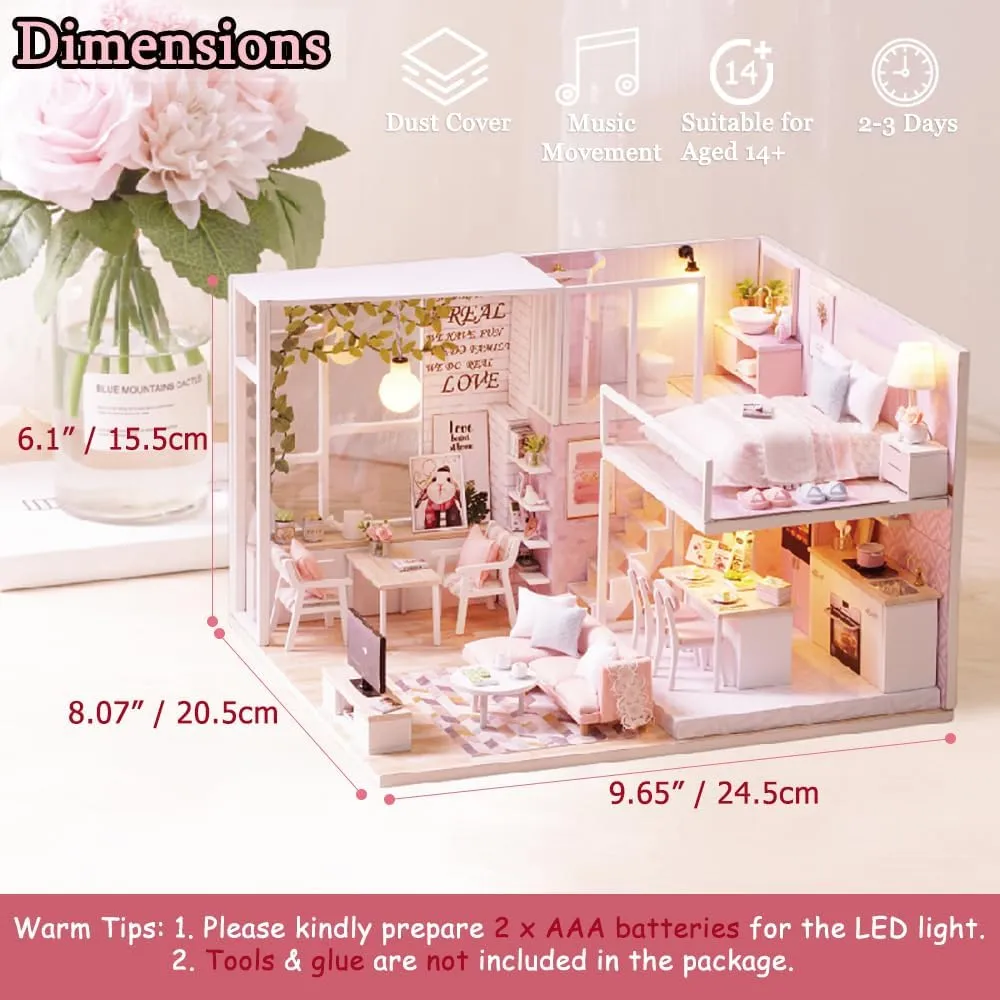 TuKIIE DIY Miniature Dollhouse Kit with Furniture, 1:24 Scale Creative Room Mini Wooden Doll House Accessories Plus Dust Proof & Music Movement for Kids Teens Adults(Tranquil Life)