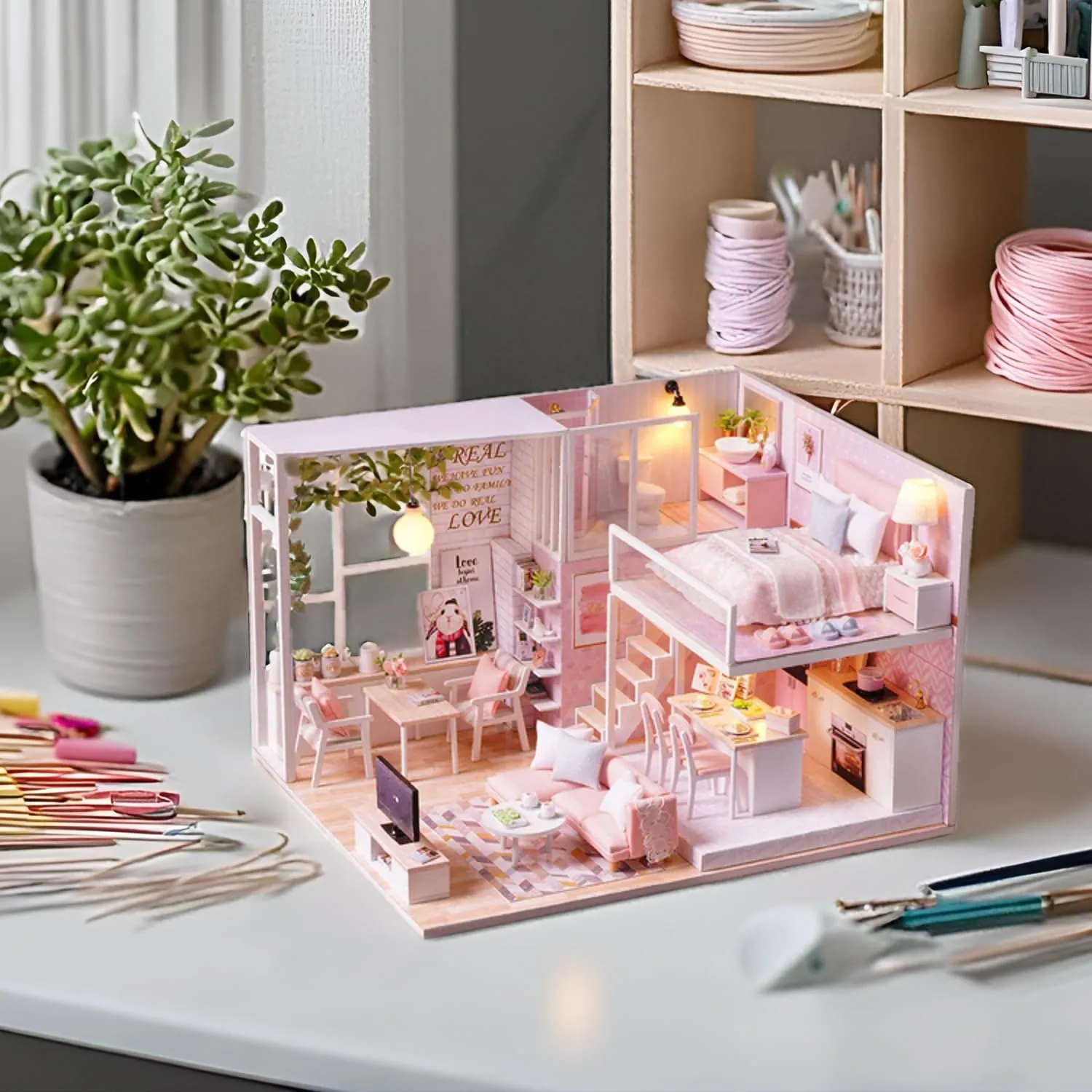 TuKIIE DIY Miniature Dollhouse Kit with Furniture, 1:24 Scale Creative Room Mini Wooden Doll House Accessories Plus Dust Proof & Music Movement for Kids Teens Adults(Tranquil Life)