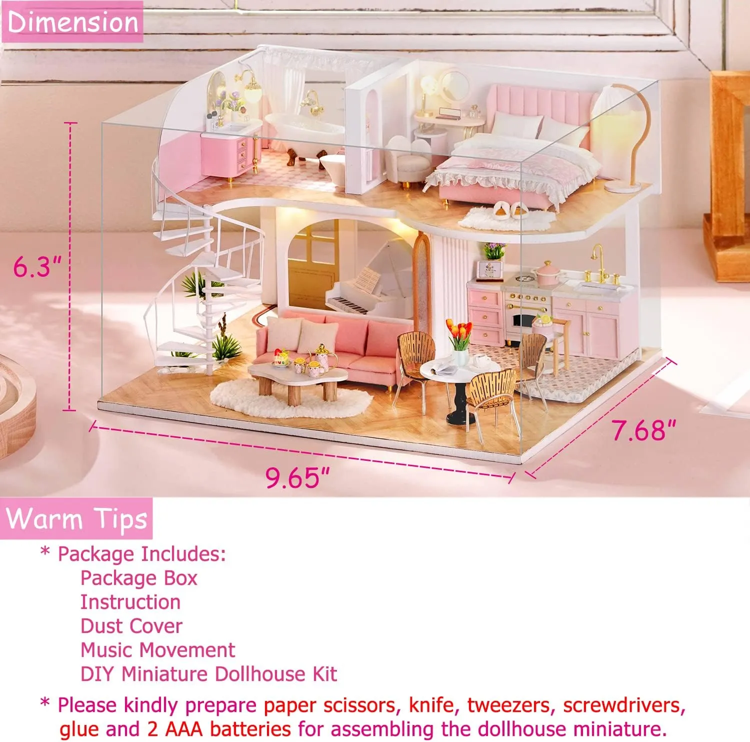 TuKIIE DIY Miniature Dollhouse Kit with Furniture, 1:24 Scale Creative Room Mini Wooden Doll House Accessories Plus Dust Proof & Music Movement for Kids Teens Adults(Whisper in The Morning)