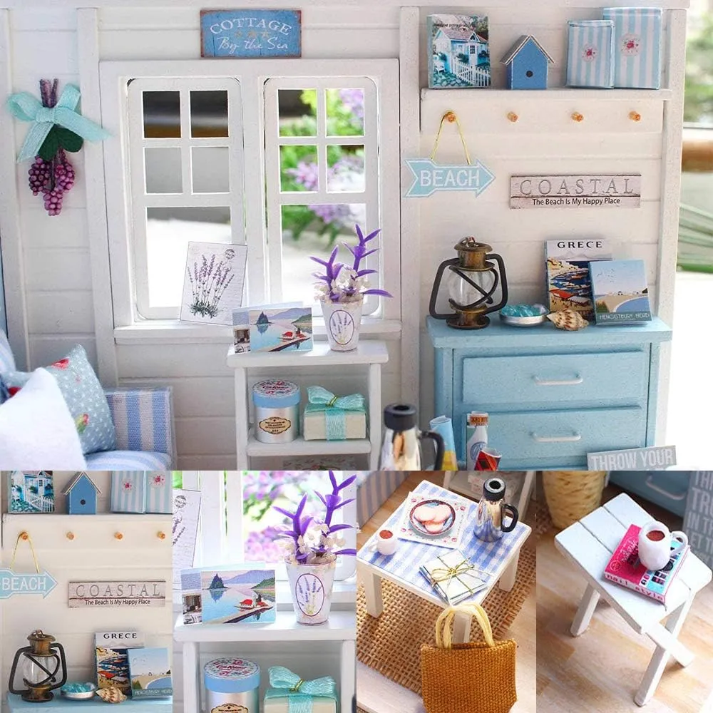 TuKIIE DIY Miniature Dollhouse Kit with Furniture, 1:24 Scale Creative Room Mini Wooden Doll House Accessories Plus Dust Proof for Kids Teens Adults(Beach Cottage)