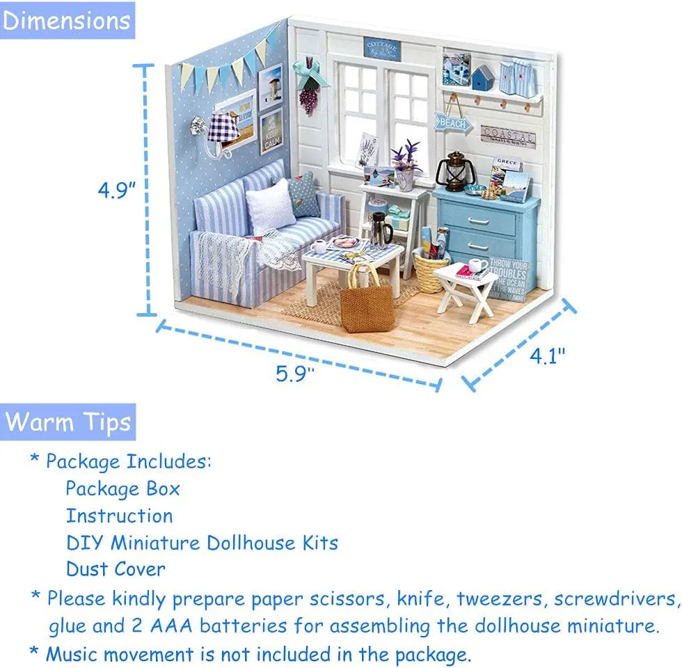 TuKIIE DIY Miniature Dollhouse Kit with Furniture, 1:24 Scale Creative Room Mini Wooden Doll House Accessories Plus Dust Proof for Kids Teens Adults(Beach Cottage)