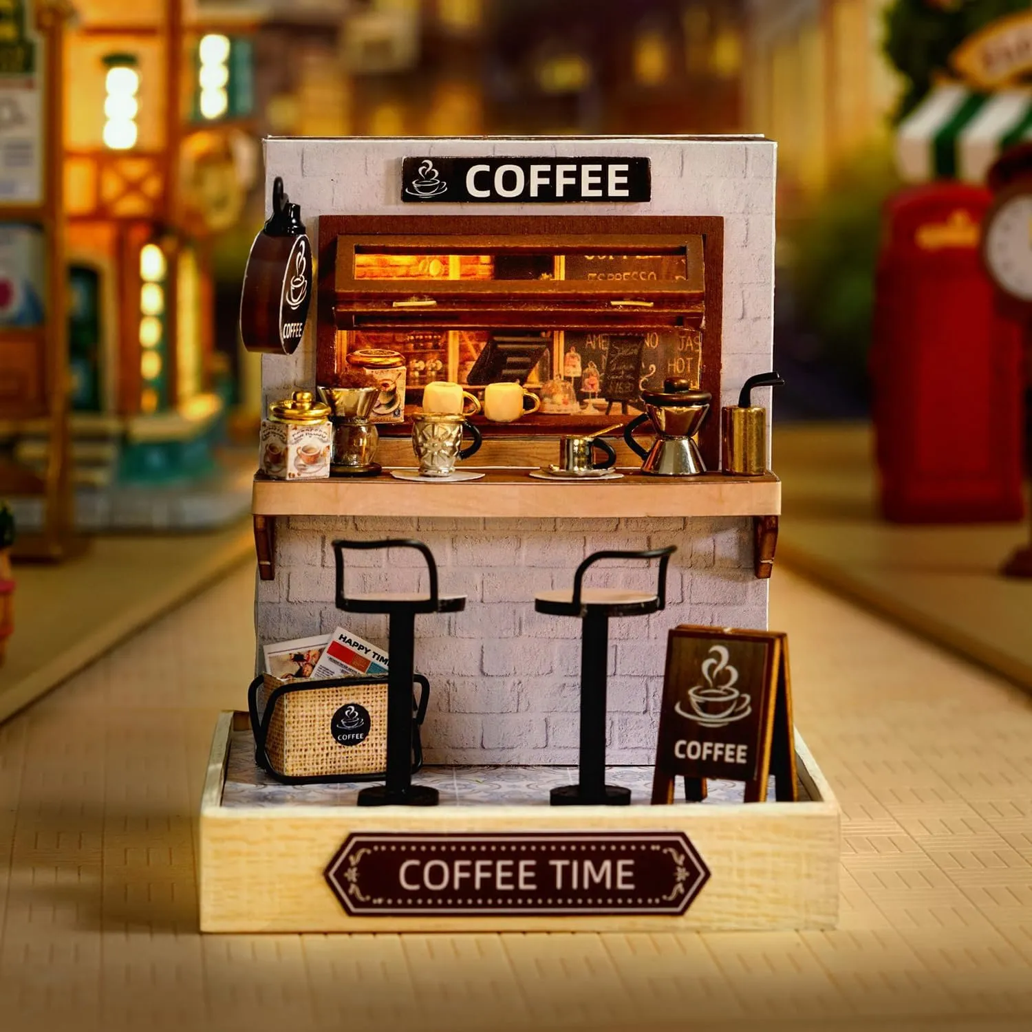 TuKIIE DIY Miniature Dollhouse Kit with Furniture, 1:24 Scale Creative Room Mini Wooden Doll House Plus Dust Proof for Kids Teens Adults(Coffee Time)
