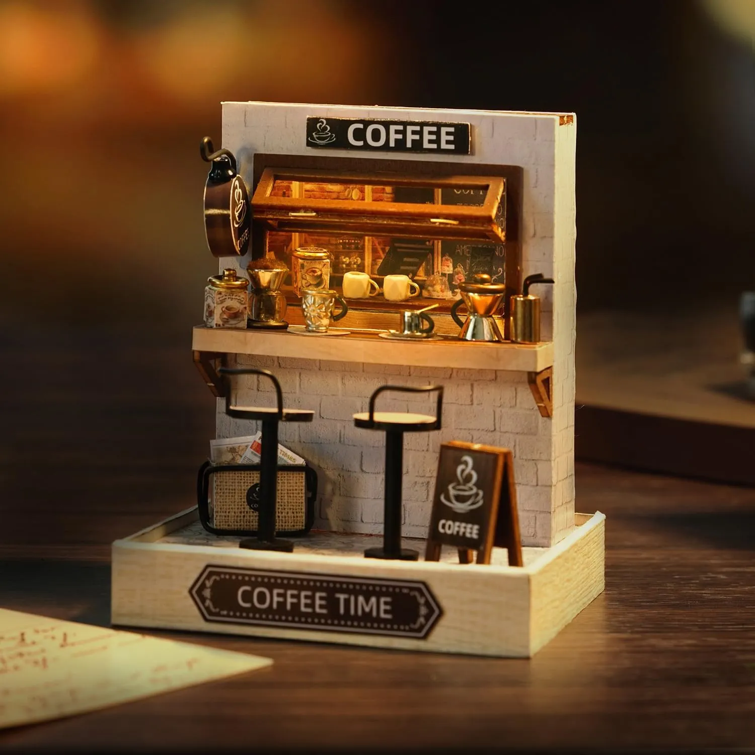 TuKIIE DIY Miniature Dollhouse Kit with Furniture, 1:24 Scale Creative Room Mini Wooden Doll House Plus Dust Proof for Kids Teens Adults(Coffee Time)
