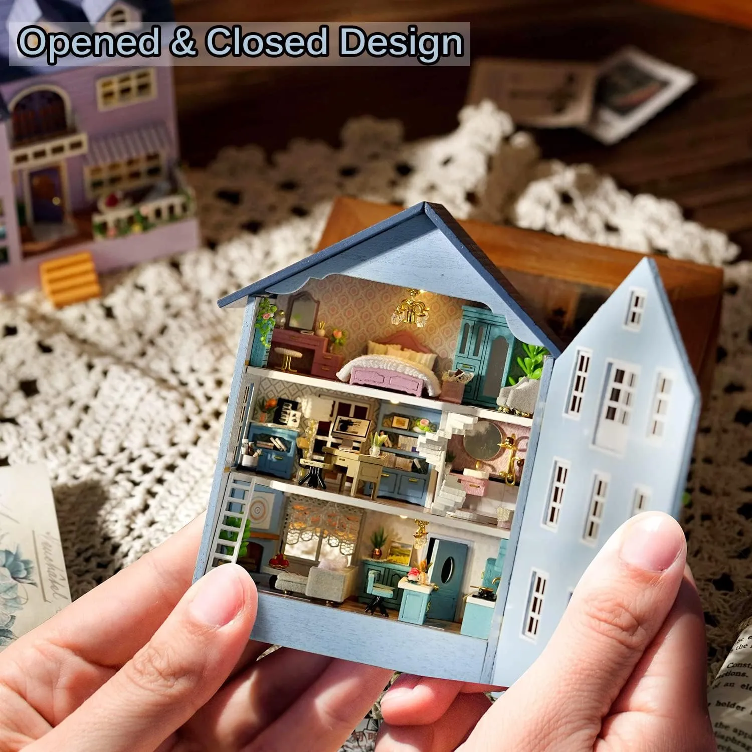 TuKIIE DIY Miniature Dollhouse Kit with Furniture, 1:32 Scale Creative Room Opened & Closed Mini Wooden Doll House for Kids Teens Adults(Molan House)