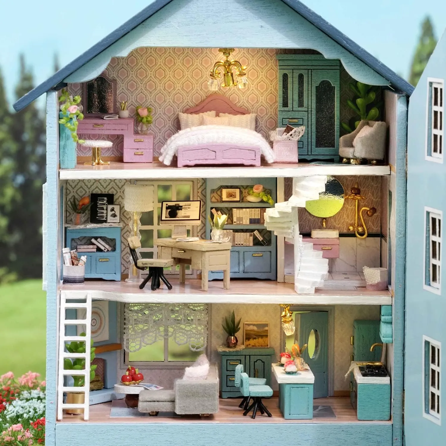 TuKIIE DIY Miniature Dollhouse Kit with Furniture, 1:32 Scale Creative Room Opened & Closed Mini Wooden Doll House for Kids Teens Adults(Molan House)