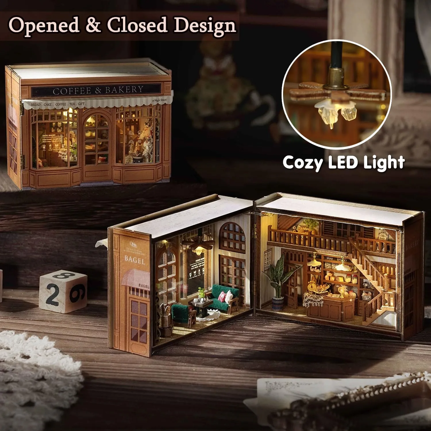 TuKIIE DIY Miniature Dollhouse Kit with Furniture, 1:32 Scale Opened & Closed Mini Cube Wooden Doll House Book Nook Creative Room for Kids Teens Adults(Bagel Time)