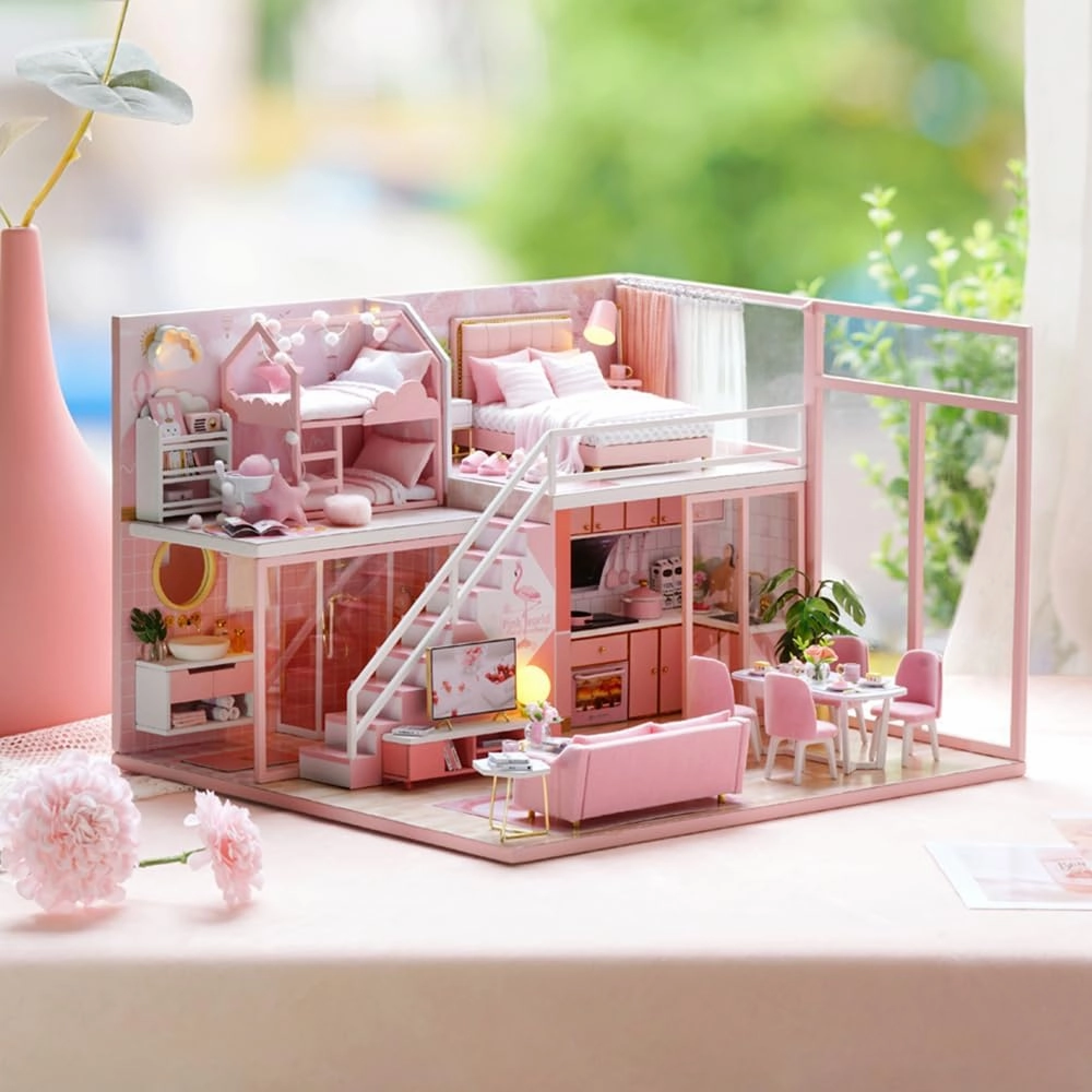 TuKIIE DIY Miniature Dollhouse Kit with Furniture, 1:24 Scale Creative Room Mini Wooden Doll House Accessories Plus Dust Proof & Music Movement for Kids Teens Adults(Meeting Your Sweet)