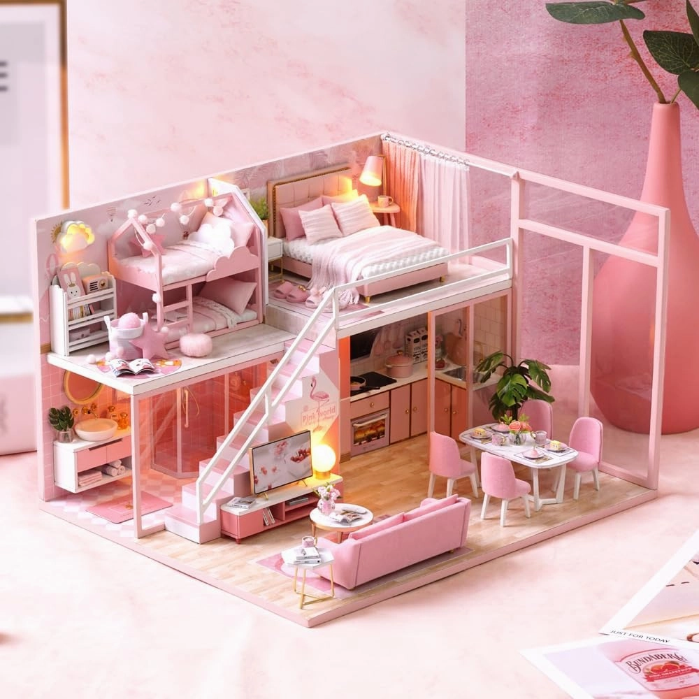TuKIIE DIY Miniature Dollhouse Kit with Furniture, 1:24 Scale Creative Room Mini Wooden Doll House Accessories Plus Dust Proof & Music Movement for Kids Teens Adults(Meeting Your Sweet)