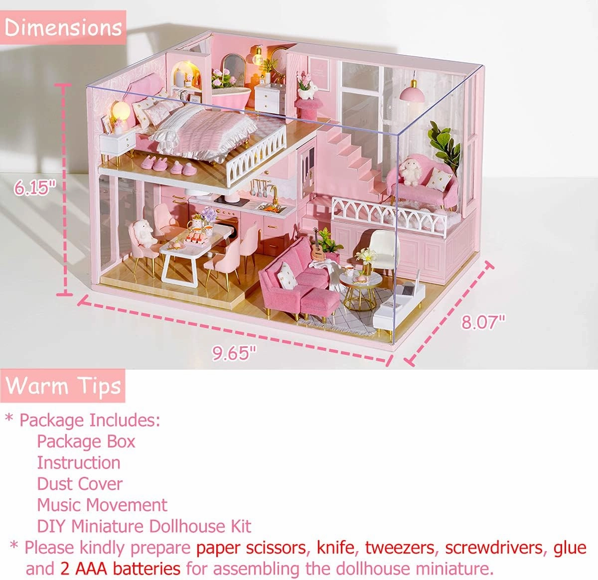 TuKIIE DIY Miniature Dollhouse Kit with Furniture, 1:24 Scale Creative Room Mini Wooden Doll House Accessories Plus Dust Proof & Music Movement for Kids Teens Adults(Warm Moments)
