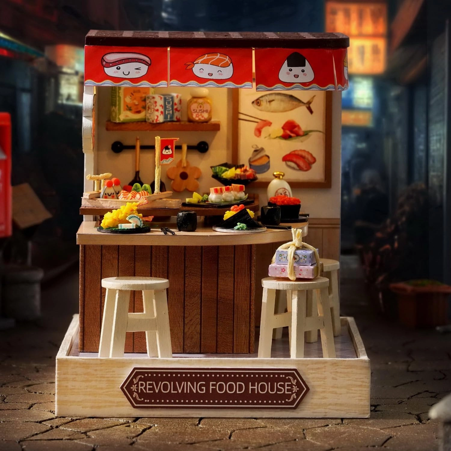 TuKIIE DIY Miniature Dollhouse Kit with Furniture, 1:24 Scale Creative Room Mini Wooden Doll House Plus Dust Proof for Kids Teens Adults(Revolving Food House)