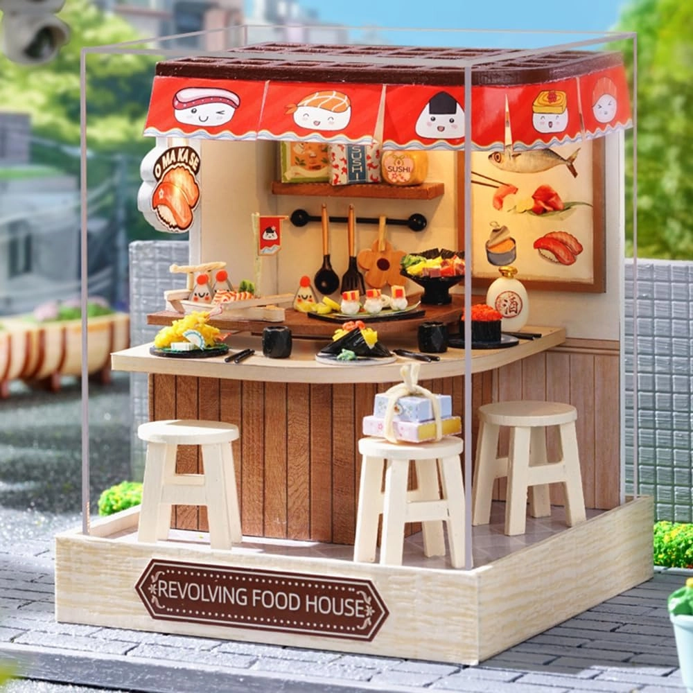TuKIIE DIY Miniature Dollhouse Kit with Furniture, 1:24 Scale Creative Room Mini Wooden Doll House Plus Dust Proof for Kids Teens Adults(Revolving Food House)