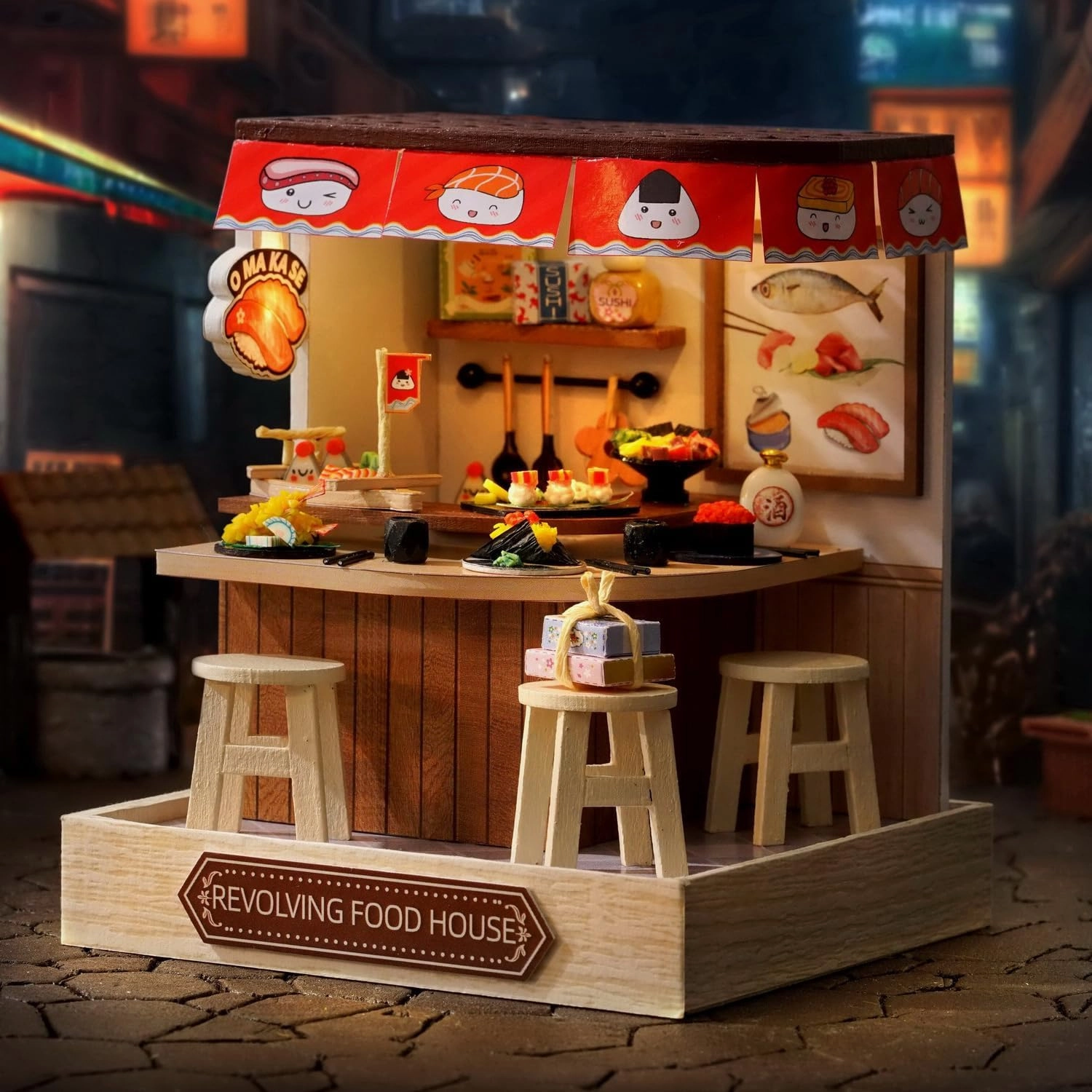 TuKIIE DIY Miniature Dollhouse Kit with Furniture, 1:24 Scale Creative Room Mini Wooden Doll House Plus Dust Proof for Kids Teens Adults(Revolving Food House)