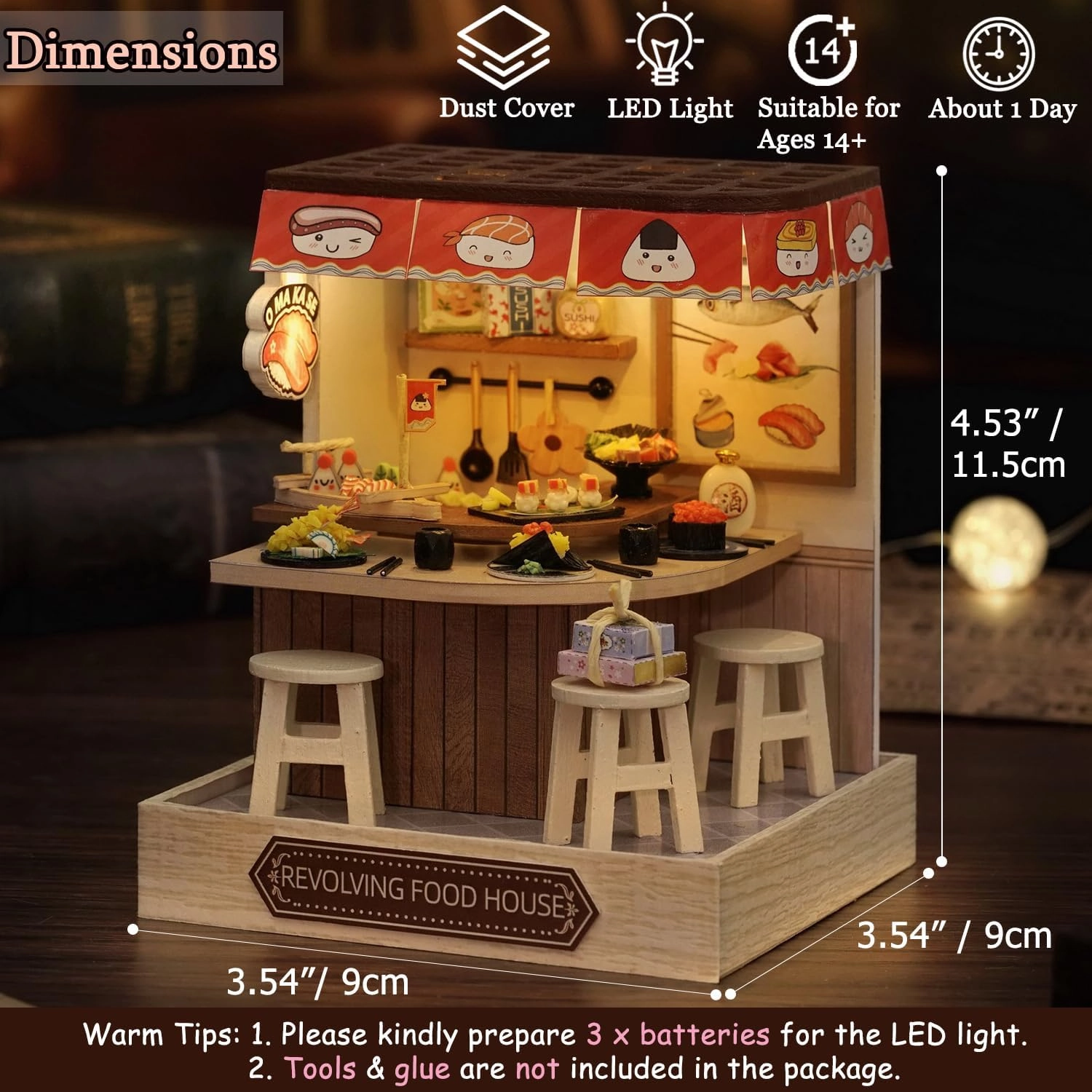TuKIIE DIY Miniature Dollhouse Kit with Furniture, 1:24 Scale Creative Room Mini Wooden Doll House Plus Dust Proof for Kids Teens Adults(Revolving Food House)