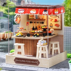 TuKIIE DIY Miniature Dollhouse Kit with Furniture, 1:24 Scale Creative Room Mini Wooden Doll House Plus Dust Proof for Kids Teens Adults(Revolving Food House)